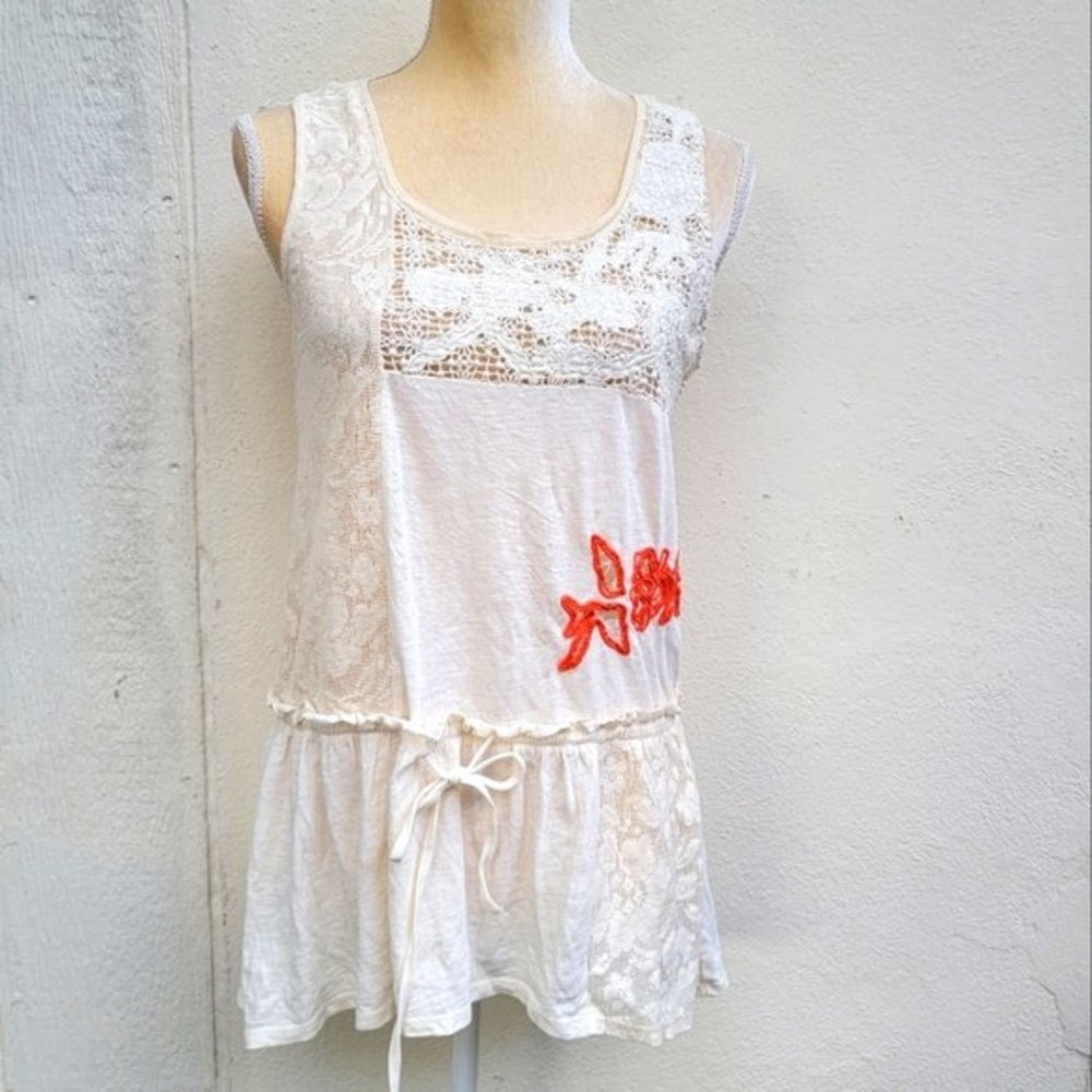 Anthropologie RIC RAC Ivory Lace Top Orange Beaded Flower Tie Waist XSmall.